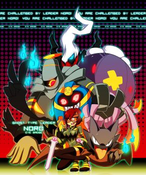 1girl ahoge artist_name artist_self-insert badge blue_eyes brown_hair choker cofagrigus commentary cyclops darkrai doublade double_v drifblim dusknoir english_text gen_1_pokemon gen_4_pokemon gen_5_pokemon gen_6_pokemon ghost gloves glowing glowing_eyes grin badge_(pokemon) haunter highres hitodama kneeling legendary_pokemon mythical_pokemon n0r0 nintendo norobotic one-eyed open_mouth original outline pokemon pokemon_(creature) red_eyes sharp_teeth short_hair smile symbol-shaped_pupils teeth thighhighs tongue tongue_out v yellow_eyes