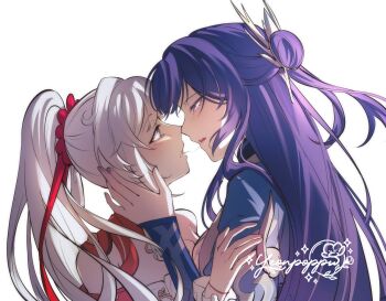 2girls after_kiss artist_name blue_eyes breasts commentary commission dress english_commentary high_ponytail highres honkai_(series) honkai_impact_3rd kiana_kaslana kiana_kaslana_(ba-dum!_fiery_wishing_star) long_hair looking_at_another medium_breasts multiple_girls ponytail purple_eyes purple_hair raiden_mei raiden_mei_(xentinel:_dawnbearing_crescent) saliva saliva_trail simple_background very_long_hair white_background white_dress white_hair yeonpoppu yuri