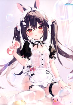 1girl absurdres ahoge animal_ears apron artist_name belt black_hair black_ribbon blush breasts chestnut_mouth crossed_bangs dengeki_moeoh hair_between_eyes hair_ornament hairpin hand_on_own_knee heart heart_hair_ornament highres holding holding_sponge long_hair looking_at_viewer magazine_scan maid maid_apron maid_headdress maid_leotard neck_ribbon on_floor original page_number panties pantyshot puffy_short_sleeves puffy_sleeves rabbit_ears red_eyes ribbon rubber_duck scan short_sleeves sidelocks single_wrist_cuff sitting small_breasts soap_bubbles solo sponge thigh_belt thigh_strap thighhighs third-party_source twintails umeko_machi unconventional_maid underwear waist_apron wariza wet wet_clothes white_apron white_panties white_thighhighs wing_hair_ornament wrist_cuffs x_hair_ornament