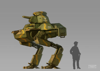 absurdres alternate_universe cannon grey_background gun highres imperial_japanese_army ladder machine_gun mecha mecha_focus military_vehicle motor_vehicle original robot silhouette size_comparison soldier tank type_95_ha-gou walker_(robot) weapon world_war_ii youotaku