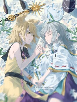 2girls absurdres armpit_crease belt black_belt black_sailor_collar blonde_hair bracelet bud closed_eyes commentary_request cowboy_shot earmuffs earmuffs_removed facing_another flower grey_hair hair_between_eyes hand_grab hat highres japanese_clothes jewelry kariginu lily_(flower) long_hair long_sleeves looking_at_another lying medium_hair mononobe_no_futo multiple_girls neck_ribbon on_side otomeza_ryuseigun parted_lips plate pointy_hair purple_ribbon revision ribbon ribbon-trimmed_sleeves ribbon_trim ritual_baton sailor_collar sheath sheathed shirt short_hair sidelocks sleeveless sleeveless_shirt sun_symbol sword tate_eboshi touhou toyosatomimi_no_miko unworn_headwear weapon white_flower white_lily wide_sleeves yellow_eyes yellow_shirt yuri