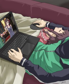 1boy 1girl blanket closed_eyes computer highres jacket kono_subarashii_sekai_ni_shukufuku_wo! laptop long_sleeves luizhtx lying megumin meme computer_mouse mousepad_(object) on_back pajamas parody satou_kazuma short_hair_with_long_locks sidelocks sleeping under_covers visual_novel yunyun_(konosuba)