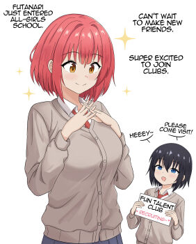 2girls :d absurdres black_hair blue_eyes blush breasts cardigan closed_mouth collarbone commentary english_commentary english_text highres holding holding_sign kurofuro large_breasts multiple_girls necktie open_mouth orange_eyes orange_hair orange_necktie original school_uniform shirt short_hair sign simple_background smile sparkle speech_bubble upper_body white_background white_shirt