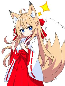 1girl ahoge animal_ear_fluff animal_ears blonde_hair blue_eyes bow cowboy_shot fox_ears fox_girl fox_tail hair_bow hakama highres japanese_clothes kotatsu-mazoku long_hair looking_at_viewer miko miko_fox_girl_(kotatsu-mazoku) original red_bow red_hakama ribbon-trimmed_sleeves ribbon_trim simple_background smile solo sparkle tail very_long_hair white_background wide_sleeves