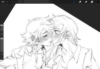 2girls art_program_in_frame blush chinese_commentary closed_eyes collared_shirt commentary ear_blush french_kiss greyscale highres jiguang_haibao kiss koishikawa_iko long_hair looking_at_another momijiyama_teru monochrome multiple_girls procreate_(medium) procreate_(software) saliva shirt short_hair shy_(series) tears tongue tongue_out upper_body yuri