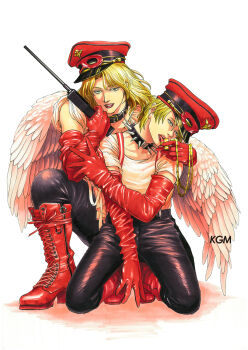 Rule 34 | 2boys, angel, angel wings, arm around shoulder, bbkryrnos, behind another, blonde hair, boots, collar, cross, cross necklace, domino mask, elbow gloves, eye mask, gloves, green eyes, hat, head tilt, high heel boots, high heels, highres, holding, holding walkie-talkie, jewelry, knee boots, kneeling, leather, leather pants, licking, lips, lipstick, long hair, makeup, male focus, mask, mask on head, military hat, multiple boys, necklace, on one knee, open mouth, original, pants, pants tucked in, parted lips, red lips, red theme, short hair, short sleeves, smirk, spiked collar, spikes, suspenders, tongue, tongue out, walkie-talkie, wings, yaoi