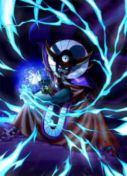 Rule 34 | 1boy, bloodshot eyes, blue skin, brick floor, cape, colored skin, commentary request, dragon quest, dragon quest iii, fake horns, floating cape, floating clothes, helmet, horned helmet, horns, imminent attack, jewelry, looking at viewer, magic, male focus, muscular, muscular male, nakajima akihiko, necklace, open mouth, orange robe, purple cape, red eyes, robe, sharp teeth, skull necklace, teeth, third eye, zoma