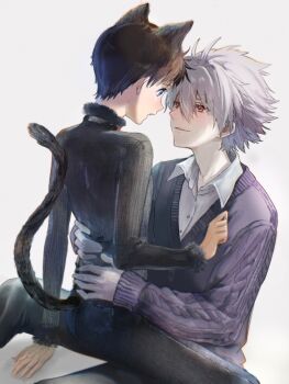 Rule 34 | 2boys, animal ears, arm support, black pants, blue eyes, brown hair, cable knit, cat boy, cat ears, cat tail, closed mouth, collared shirt, eye contact, feet out of frame, hands on another's waist, highres, ikari shinji, kemonomimi mode, long sleeves, looking at another, male focus, multiple boys, nagisa kaworu, neon genesis evangelion, open collar, open mouth, pants, red eyes, shirt, short hair, simple background, sleeves past wrists, smile, soraaaa53, sweater, tail, turtleneck, v-neck, white background, white hair, white shirt, wing collar, yaoi
