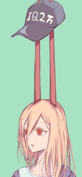 1girl absurdres baseball_cap blonde_hair chainsaw_man commentary_request cross-shaped_pupils demon_girl demon_horns double-parted_bangs green_background grey_hat hair_between_eyes hat highres horns huge_horns karan_koron100 long_hair long_hair_between_eyes open_mouth power_(chainsaw_man) red_eyes red_horns simple_background solo symbol-shaped_pupils turning_head