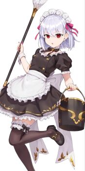 1girl alternate_costume apron black_dress black_thighhighs breasts brooch bucket buttons choker double-breasted dress duster enmaided fate/grand_order fate/grand_order_arcade fate_(series) feather_duster frilled_choker frills gold_trim hair_ribbon highres jewelry kama_(fate) kama_(first_ascension)_(fate) kama_(mistake)_(second_ascension)_(fate) kama_(young)_(fate) kamo_ashi looking_at_viewer maid maid_headdress open_mouth puffy_short_sleeves puffy_sleeves red_eyes ribbon short_hair short_sleeves small_breasts solo thighhighs thighs waist_apron white_apron white_hair wrist_cuffs