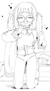 1girl absurdres animal_collar blush camisole collar dove_pixie fangs flat_chest glasses greyscale highres kneeling loli long_hair mesugaki midriff monochrome navel original panties round_eyewear ruler simple_background twintails underwear white_background