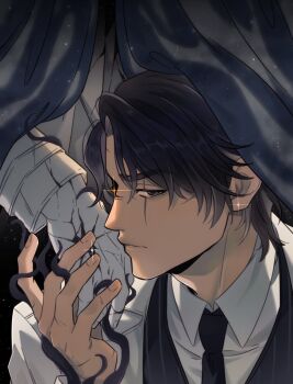 1boy 1other black_eyes black_hair black_necktie black_vest bloodshot_eyes borrowed_clothes cloak collared_shirt cracked_clothes cracked_skin expressionless ginsan highres holding_hands kim_dokja looking_at_viewer necktie omniscient_reader&#039;s_viewpoint out_of_frame porcelain scar scar_across_eye scar_on_face secretive_plotter shirt short_hair sparkle starry_sky_print tentacles upper_body vest white_shirt yoo_joonghyuk