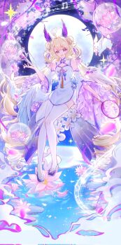 1girl :d ahoge bird_tail blonde_hair breasts bubble china_dress chinese_clothes cleavage_cutout clothing_cutout double_bun dress enna_alouette full_body full_moon hair_bun head_wings highres long_hair low_twintails low_wings microphone moon musical_note musical_staff nijisanji nijisanji_en open_mouth purple_eyes rabbit sky small_breasts smile solo sparkle star_(sky) starry_sky tail thighhighs twintails very_long_hair virtual_youtuber white_thighhighs wings yunting27079350