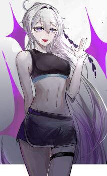 1girl 63_(lofter_258328038311) absurdres ahoge alternate_costume black_shorts black_sports_bra blue_eyes breasts chinese_commentary commentary_request diamond-shaped_pupils diamond_(shape) dolphin_shorts highres honkai_(series) honkai_impact_3rd kiana_kaslana kiana_kaslana_(herrscher_of_finality) long_hair looking_at_viewer medium_breasts midriff multicolored_hair navel purple_eyes shorts smile solo sports_bra symbol-shaped_pupils thigh_strap thighs two-tone_hair very_long_hair w