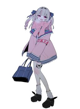 Rule 34 | 1girl, bag, black shoes, bow, brown hair, full body, hair ribbon, hashtag-only commentary, holding, holding bag, jacket, long hair, looking at viewer, makaino ririmu, makaino ririmu (4th costume), miniskirt, mopyo, multicolored hair, nijisanji, pink eyes, pink jacket, pink scarf, platform shoes, pleated skirt, pointy ears, ribbon, scarf, scarf bow, school uniform, serafuku, shoes, shoulder bag, simple background, skirt, smile, socks, solo, streaked hair, tattoo, two side up, virtual youtuber, white background, white socks, winged heart, winged heart tattoo