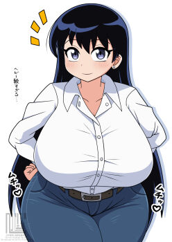 1girl arato_nagi belt berun_(zakeruga1zakeru) black_hair blush breasts cleavage collarbone collared_shirt commentary_request curvy ear_piercing earrings hand_on_own_hip highres huge_breasts jewelry long_hair looking_at_viewer piercing purple_eyes ruri_no_houseki shirt sidelocks simple_background smile solo stud_earrings very_long_hair white_background white_shirt