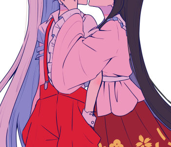 2girls collared_shirt commentary_request frilled_sleeves frills fujiwara_no_mokou grey_hair hand_on_another&#039;s_cheek hand_on_another&#039;s_face hands_in_pockets highres houraisan_kaguya imminent_kiss long_hair long_sleeves multiple_girls pants pink_shirt red_pants red_skirt shirt short_sleeves simple_background skirt suspenders tamiko_(tamik0224) torn_clothes torn_sleeves touhou very_long_hair white_background white_shirt wide_sleeves yuri