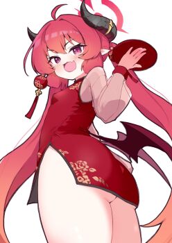 1girl :3 ahoge alternate_costume ass black_horns blue_archive blush breasts chinese_clothes clothing_cutout demon_horns demon_wings fang hair_ornament halo hand_up highres hip_vent holding holding_plate holding_tray horns junko_(blue_archive) kurosaki_kousuke loli long_hair low_wings no_panties official_alternate_costume open_mouth plate pointy_ears red_eyes red_hair red_halo red_wings simple_background skin_fang slit_pupils small_breasts smile solo tray twintails very_long_hair white_background wings