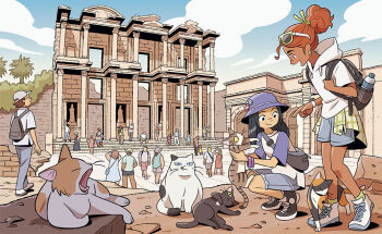 Rule 34 | backpack, bag, black hair, blue shorts, blue sky, bucket hat, building, calico (pattern), calico cat, cat, commentary request, crowd, dark skin, day, eyewear on head, gurihiru, hat, hood, hoodie, long hair, multiple boys, multiple girls, orange hair, original, outdoors, plaid clothes, ponytail, raglan sleeves, real world location, shoes, shorts, sky, sneakers, squatting, sunglasses, tan, turkey (country), whiskers, white hoodie, yawning