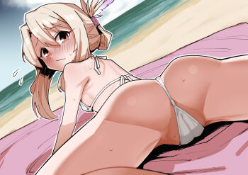 1girl anus anus_peek ass back bare_shoulders beach bikini blush breasts cameltoe fate/kaleid_liner_prisma_illya fate_(series) feather_hair_ornament feathers folded_ponytail hair_ornament highres illyasviel_von_einzbern loli long_hair looking_at_viewer looking_back red_eyes shore sidelocks small_breasts solo spread_legs swimsuit thighs uniel_ggg white_bikini white_hair
