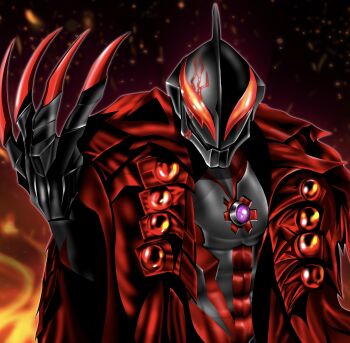 Rule 34 | 1boy, abs, alien, black background, black skin, cape, chest jewel, claws, cloak, color timer, colored skin, commentary, dorsal fin, evil smile, facial scar, fiery background, fire, gem, glowing, glowing eyes, glowing gem, glowing scar, hand up, hanejidyna86, highres, light particles, looking at viewer, male focus, multicolored skin, muscular, muscular male, orange eyes, pectorals, red cape, red claws, red skin, scar, scar across eye, scar on cheek, scar on chin, scar on face, scar on head, smile, solo, standing, tokusatsu, twitter username, two-tone skin, ultra galaxy (series), ultra series, ultraman belial, ultraman zero the movie choukessen! belial ginga teikoku, upper body, very long cape, wrinkled skin