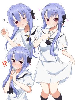 !? 1girl ;o absurdres ascot black_ascot black_bow black_socks blue_hair blush bow braid closed_mouth commentary_request crown_braid embarrassed feet_out_of_frame hair_between_eyes hair_bow hair_ribbon hand_up hands_up happy heart highres kneehighs long_hair looking_at_viewer miniskirt multiple_views one_eye_closed open_mouth own_hands_together puffy_short_sleeves puffy_sleeves red_eyes red_ribbon ribbon sailor_collar school_uniform serafuku shirt short_sleeves sidelocks simple_background skirt skirt_hold sleepy smile socks sorakado_ao split_mouth squeans standing steepled_fingers straight_hair summer_pockets summer_pockets_school_uniform surprised sweatdrop syungoku4700 upper_body very_long_hair white_background white_sailor_collar white_serafuku white_shirt white_skirt