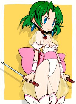 Rule 34 | 1girl, back bow, beeru (veil8801), blue eyes, bow, breasts, choker, cleavage, closed mouth, dagger, drop shadow, dual wielding, earrings, ellis (toushinden), green eyes, highleg, highleg leotard, highres, holding, holding dagger, holding knife, holding weapon, jewelry, knife, legs together, leotard, pink bow, pink sash, puffy short sleeves, puffy sleeves, red choker, sash, see-through clothes, see-through sleeves, short hair, short sleeves, small breasts, smile, solo, standing, strapless, strapless leotard, toushinden, weapon, white leotard