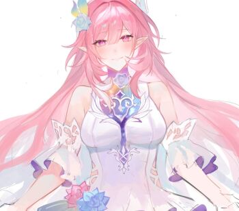 1girl bare_shoulders breasts commentary cyrene_(honkai:_star_rail) cyrene_(ripples_of_past_reverie)_(honkai:_star_rail) detached_sleeves diamond-shaped_pupils diamond_(shape) dress english_commentary flower hair_flower hair_ornament honkai:_star_rail honkai_(series) large_breasts long_hair looking_at_viewer pink_hair pointy_ears purple_eyes simple_background smile solo symbol-shaped_pupils tomodurien unfinished very_long_hair white_background white_dress