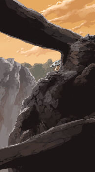 bone cloud commentary_request cubone full_body gen_1_pokemon holding holding_bone looking_ahead mk_(mikka) mountain nintendo no_humans orange_sky outdoors pokemon pokemon_(creature) scenery skull_on_head sky solo wide_shot