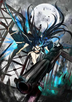 1girl arm_cannon bikini black_hair black_jacket black_rock_shooter black_rock_shooter_(character) black_rock_shooter_(game) black_shorts blue_eyes blue_fire fire flaming_eye highres jacket long_hair mechanical_wings millelunar open_clothes open_jacket rock_cannon shorts stella_(black_rock_shooter) swimsuit sword twintails uneven_twintails weapon wings