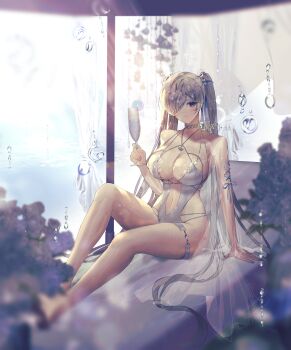 1girl absurdres alternate_costume bikini blue_eyes blurry blurry_foreground breasts choker cinderella_(nikke) cocktail_glass collarbone couch cup drinking_glass elfav goddess_of_victory:_nikke grey_hair hair_over_one_eye highres holding_glass large_breasts legs long_hair nail_polish navel revealing_clothes sitting solo swimsuit twintails very_long_hair