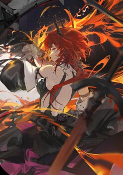 Rule 34 | 1girl, absurdres, arknights, arknights: endfield, backless dress, backless outfit, black dress, black horns, commentary, demon horns, dress, fire, flaming weapon, highres, horns, kingcraft kingu, laevatain (arknights), red eyes, red hair, sideless dress, solo, surtr (arknights), sword, weapon