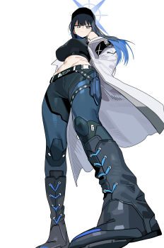 1girl absurdres black_boots black_hair black_hat black_shirt blue_archive blue_eyes blue_hair blue_halo blue_pants boots breasts closed_mouth colored_inner_hair commentary_request from_below full_body halo hat highres jacket korean_commentary large_breasts looking_at_viewer looking_down multicolored_hair open_clothes open_jacket pants ruppu saori_(blue_archive) shirt simple_background sleeveless sleeveless_shirt solo standing white_background white_jacket