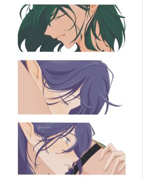 2girls between_legs closed_eyes closed_mouth commentary english_commentary genshin_impact green_hair hand_on_another&#039;s_thigh highres hlltllh implied_cunnilingus lauma_(genshin_impact) long_hair multiple_girls nefer_(genshin_impact) parted_lips pointy_ears purple_eyes purple_hair short_hair simple_background thigh_strap white_background yuri