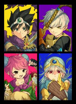 Rule 34 | 2boys, 2girls, absurdres, aqua eyes, black border, black gloves, black hair, black shirt, blue background, blue cape, blue gem, blue hair, blue tunic, border, brown eyes, brown gloves, bun cover, cape, circlet, commentary request, double bun, dragon quest, dragon quest iii, dress, erdrick's sword, fingerless gloves, floating cape, floating hair, frown, gem, gloves, gold circlet, green gem, hair bun, hero (dq3), highres, holding, holding staff, holding sword, holding weapon, holding whip, looking at viewer, martial artist (dq3), multiple boys, multiple girls, open mouth, parted lips, pink background, pink hair, purple background, purple cape, red eyes, roto (dq3), sage (dq3), shirt, short hair, signature, silver circlet, smile, spiked hair, staff, sword, thief (dq3), tunic, upper body, vest, weapon, white dress, white hair, yellow background, yellow eyes, yellow gloves, yellow vest, yoshiya shiyoko