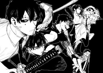 1girl 5boys azami bingo_(kagurabachi) greyscale highres hokuto_(kagurabachi) holding holding_detached_head holding_sword holding_weapon jacket kagurabachi katana long_hair long_sleeves magatsumi_(sword) male_focus monochrome multiple_boys necktie severed_head shirt short_hair sword thighhighs uran_(kagurabachi) weapon yukisada_(kagurabachi) yura_(kagurabachi)