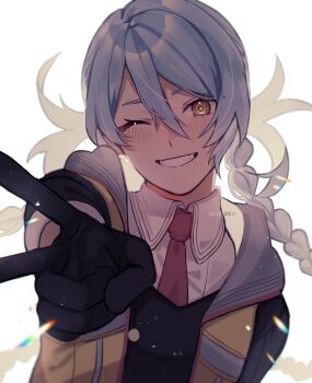 Rule 34 | 1girl, ai the somnium files, ai the somnium files: nirvana initiative, artist name, black gloves, black jacket, bloom, blush, braid, collared shirt, gloves, hair between eyes, hand up, highres, jacket, long hair, long sleeves, looking at viewer, nanarei7, necktie, okiura mizuki, one eye closed, open clothes, open vest, red necktie, school uniform, sekiba girls' high school uniform, sevenreii, shirt, simple background, smile, solo, teeth, twin braids, upper body, v, vest, white background, white shirt, yellow eyes, yellow vest