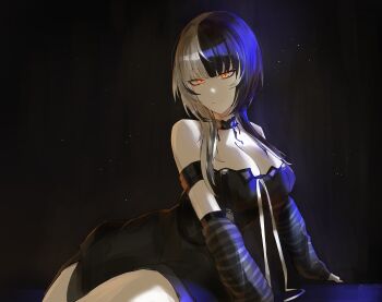 1girl absurdres arm_strap black_arm_warmers black_background black_choker black_dress black_hair black_nails breasts choker cleavage closed_mouth dress grey_hair highres hololive hololive_english kurochanai large_breasts light_smile long_hair looking_at_viewer multicolored_hair ribbon shiori_novella shiori_novella_(1st_costume) solo split-color_hair striped_arm_warmers two-tone_hair virtual_youtuber white_ribbon yellow_eyes