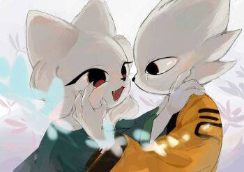 1boy 1girl affectionate brother_and_sister cat_boy cat_girl eye_contact eyelashes furry furry_female furry_male hashtag-only_commentary heng_(nine_sols) highres hug looking_at_another nine_sols open_mouth red_eyes ricewine_c siblings tearing_up white_fur yi_(nine_sols)