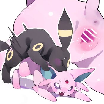 1boy 1girl absurdres anus bar_censor blush censored closed_eyes doggystyle espeon fang gen_2_pokemon hetero highres looking_back monster_sex nintendo no_humans pokemon pussy rape sex sex_from_behind simple_background spread_pussy tagme umbreon vaginal white_background youjo_modoki