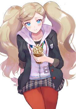 1girl black_jacket blonde_hair blue_eyes blush breasts closed_mouth cup disposable_coffee_cup disposable_cup hair_ornament hairclip highres holding holding_cup hood hoodie jacket kanna_nijiniji long_hair looking_at_viewer open_clothes open_jacket pantyhose persona persona_5 plaid_clothes plaid_skirt red_pantyhose school_uniform shuujin_academy_school_uniform simple_background skirt smile solo takamaki_anne twintails white_background white_hoodie