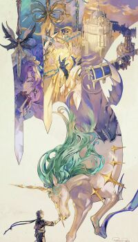 1boy 3girls apple architecture black_jacket blonde_hair blue_eyes blue_flower cantarella_(wuthering_waves) cartethyia_(wuthering_waves) clawed_gauntlets closed_eyes closed_mouth commentary_request crown_of_thorns earrings facial_mark fleurdelys_(wuthering_waves) flower food fruit hair_flower hair_ornament hand_up headdress highres holding holding_food holding_fruit horns imperator_(wuthering_waves) jacket jewelry long_hair looking_at_viewer male_rover_(wuthering_waves) mark_under_eye multiple_girls nail_polish pangu_terminal_(wuthering_waves) pokkkkaringo purple_hair purple_nails rover_(wuthering_waves) signature single_horn smile winged_unicorn wuthering_waves yellow_horns