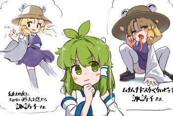 2girls alternate_breast_size blonde_hair blush dual_persona fellatio_gesture green_hair hat kochiya_sanae long_tongue moriya_suwako multiple_girls panties speech_bubble thighhighs thinking thought_bubble tongue touhou translation_request uisu_(noguchipint) underwear waving white_panties white_thighhighs