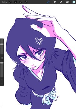 Rule 34 | 1girl, anger vein, art program in frame, black eyes, black hair, bleach, breasts, commentary, cowboy shot, english commentary, from above, highres, japanese clothes, kuchiki rukia, limited palette, looking at viewer, procreate (medium), shihakusho, small breasts, solo, umbra (edits umbra), v-shaped eyebrows