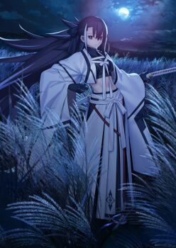 1girl black_gloves black_hair breasts brown_eyes closed_mouth cool_colored ear_piercing expressionless fate/grand_order fate_(series) full_body full_moon game_cg gloves hair_between_eyes holding holding_sword holding_weapon japanese_clothes katana kawakami_gensai_(fate) kawakami_gensai_(third_ascension)_(fate) long_hair long_sleeves looking_at_viewer medium_breasts midriff moon moonlight multicolored_hair night night_sky official_art outdoors piercing ponytail sandals sky solo standing streaked_hair sword takeuchi_takashi third-party_source variant_set very_long_hair weapon wide_sleeves