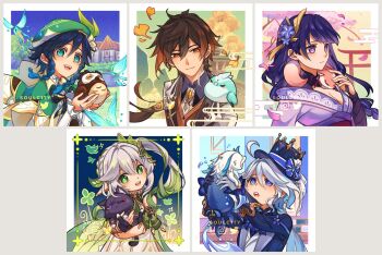 2boys 3girls :d :o ahoge animal animal_on_shoulder aqua_eyes artist_name ascot asymmetrical_gloves beret bird bird_on_shoulder black_bow black_bowtie black_gloves black_hair blue_ascot blue_bow blue_eyes blue_hair blue_hat blue_jacket blue_sky blush border bow bowtie braid breasts bridal_gauntlets brown_coat brown_eyes brown_hair brown_shirt brown_vest bug building cape capelet cat cherry_blossoms cleavage closed_mouth coat collared_shirt colored_inner_hair commentary cross-shaped_pupils crystalfly_(genshin_impact) dawn_winery detached_sleeves dress drop-shaped_pupils earrings egasumi english_commentary eyelashes falling_leaves falling_petals floating_hair flower fox frilled_sleeves frills furina_(genshin_impact) gem genshin_impact ginkgo_leaf gloves gold_trim gradient_hair green_cape green_capelet green_eyes green_hair green_hat green_sleeves grey_background hair_between_eyes hair_flower hair_intakes hair_ornament hand_up hands_up happy hat hat_bow heterochromia highres holding holding_animal holding_cat indoors instagram_logo jacket jade_chamber_(genshin_impact) japanese_clothes jewelry kimono lapels leaf leaf_hair_ornament leisurely_otter_(genshin_impact) long_hair long_sleeves looking_at_viewer low_ponytail medium_breasts medium_hair mismatched_gloves mismatched_pupils mole mole_under_eye mountain multicolored_hair multiple_boys multiple_girls nahida_(genshin_impact) necktie off_shoulder open_clothes open_jacket open_mouth orange_gem outside_border owl petals plant pointy_ears ponytail purple_eyes purple_flower purple_hair purple_kimono raiden_shogun scaramouche_(cat)_(genshin_impact) scaramouche_(genshin_impact) shirt short_sleeves side_braids side_ponytail simple_background single_braid single_earring sky sleeve_cuffs sleeveless sleeveless_dress smile soulc1ty streaked_hair swept_bangs symbol-shaped_pupils tassel tassel_earrings tassel_hair_ornament teeth top_hat torii tree twin_braids twitter_logo upper_body upper_teeth_only venti_(genshin_impact) very_long_hair vest white_border white_dress white_flower white_gloves white_hair white_necktie white_shirt window wing_collar xiao_(bird)_(genshin_impact) xiao_(genshin_impact) yae_miko yae_miko_(fox) zhongli_(genshin_impact)