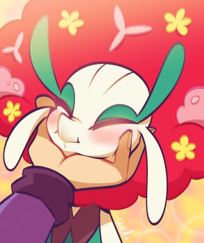 1boy 1girl artist_name artist_request blush closed_eyes drawfag florges florges_(red_flower) gen_6_pokemon nintendo pokemon pokemon_(creature) pokemon_focus pov pov_hands smile upper_body yellow_background