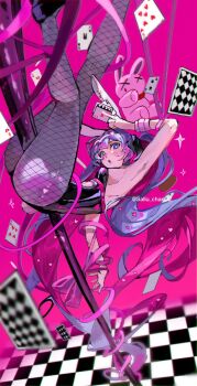 1girl bare_arms black_leotard black_pantyhose card fishnet_pantyhose fishnets hatsune_miku heart heart-shaped_pupils legs leotard pantyhose playboy_bunny pole rabbit_hole_(vocaloid) rnp_02 symbol-shaped_pupils twintails upside-down vocaloid