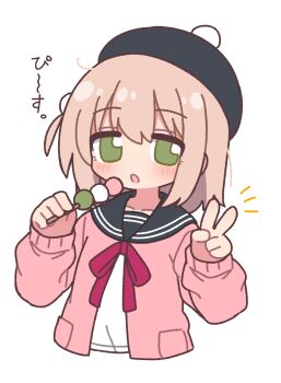 Rule 34 | 1boy, black hat, black sailor collar, blush, brown hair, cardigan, cropped torso, crossdressing, crossdressing (mtf), dango, food, green eyes, hair ornament, hat, highres, holding, holding food, holding skewer, long sleeves, looking at viewer, male focus, medium hair, naga u, one side up, open mouth, original, pink cardigan, pom pom (clothes), pom pom hair ornament, pom pom hat ornament, puffy long sleeves, puffy sleeves, sailor collar, sanshoku dango, shirt, simple background, skewer, solo, suama-kun (naga u), translated, trap, upper body, v, wagashi, white background, white shirt