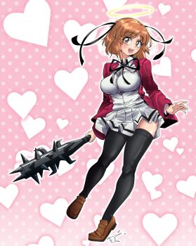 1girl absurdres blush bokusatsu_tenshi_dokuro-chan breasts brown_eyes brown_hair club club_(weapon) cosplay excalibolg girls_und_panzer hair_ribbon halo heart highres holding huaronanago jacket large_breasts loafers long_sleeves mitsukai_dokuro mitsukai_dokuro_(cosplay) neck_ribbon nishizumi_miho open_mouth polka_dot polka_dot_background red_jacket ribbon school_uniform shirt shoes short_hair skirt smile solo spiked_club teeth thighhighs traditional_halo two_side_up upper_teeth_only weapon white_shirt